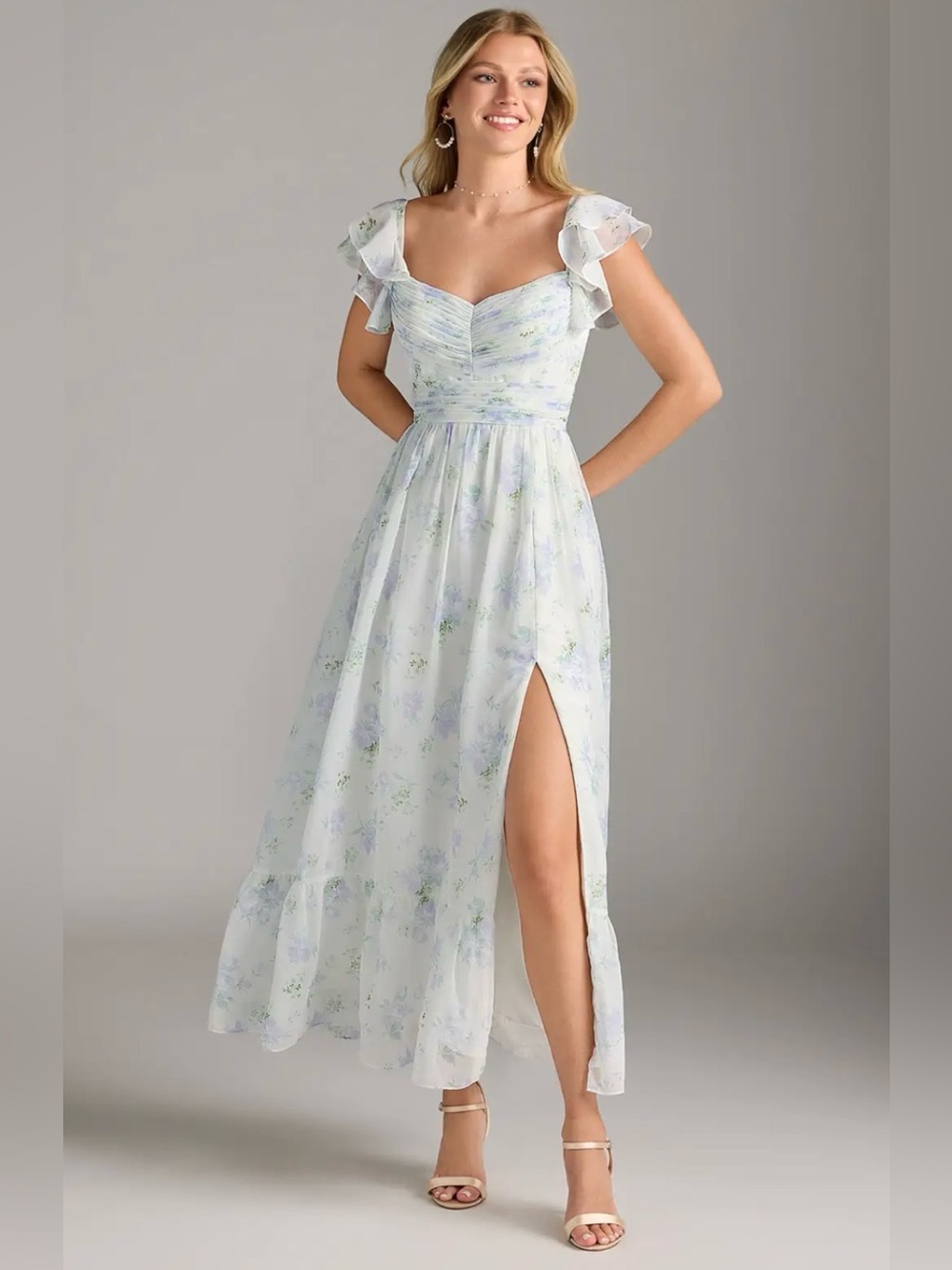 Azazie White Maxi Dress with Lavender and Sage Floral Print